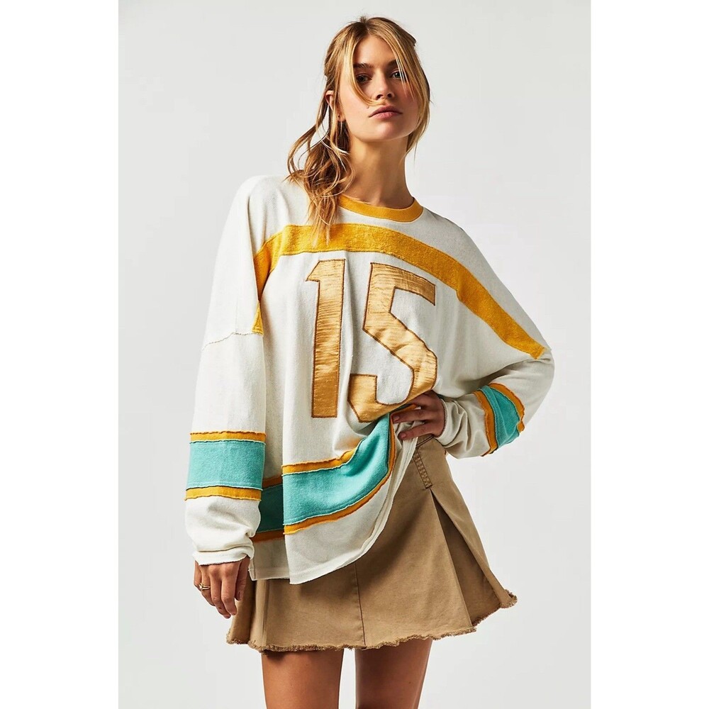 We The Free Free People Oversized Sports Tee Hippie Grunge Large Shabby Chic